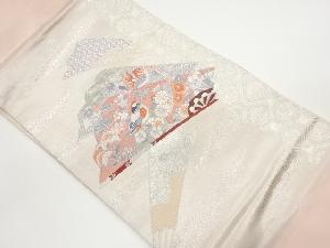 プラチナ箔扇に鴛鴦・花々模様織出し名古屋帯